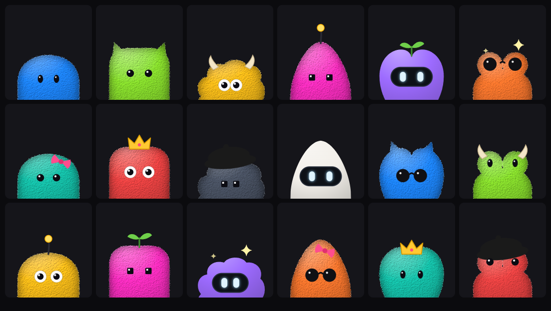 Eighteen home-made pals with different bodies, eyes, toppers and colors.