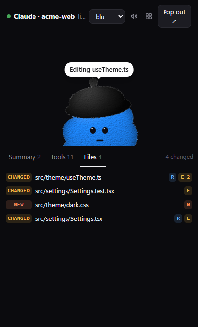 The Files tab listing changed, new and read files.