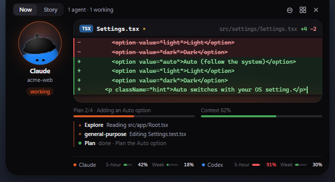 Screenshot of the real notch, open: Codex needs your OK to run npm install, Claude is working on step 2 of 4, a docs session is done, and usage bars for Claude and Codex 5-hour and weekly limits.