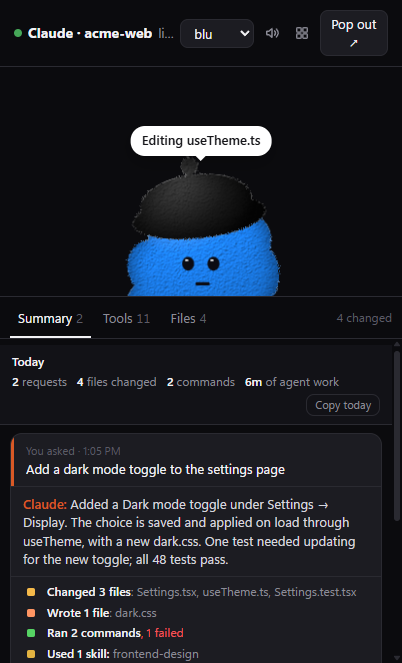 The floating window's Summary tab: what you asked, Claude's own summary, and a tally of changed files, commands and skills.