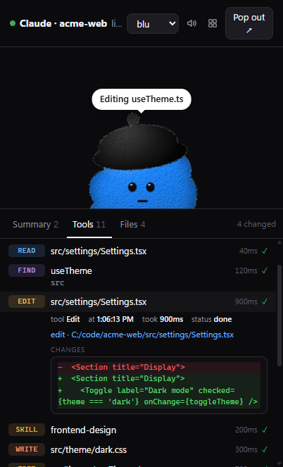 The Tools tab with an Edit opened, showing its diff.